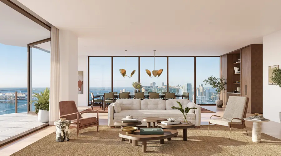 Villa Piano living room with Biscayne Bay views